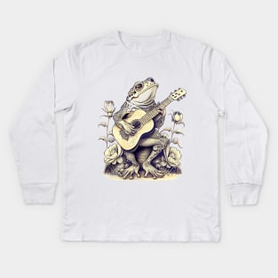 Cottagecore Frog Playing His Acoustic Guitar Kids Long Sleeve T-Shirt